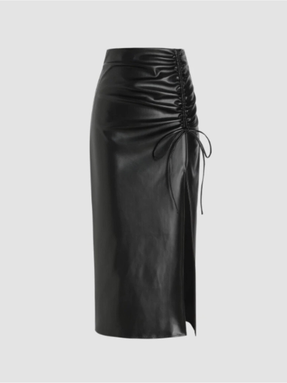 Cider Black Faux Leather Ruched Side-Slit Midi Skirt
